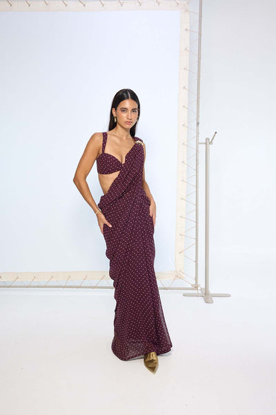 Ekaya Maroon Movable Brooch Dotted saree indian designer wear online shopping melange singapore 