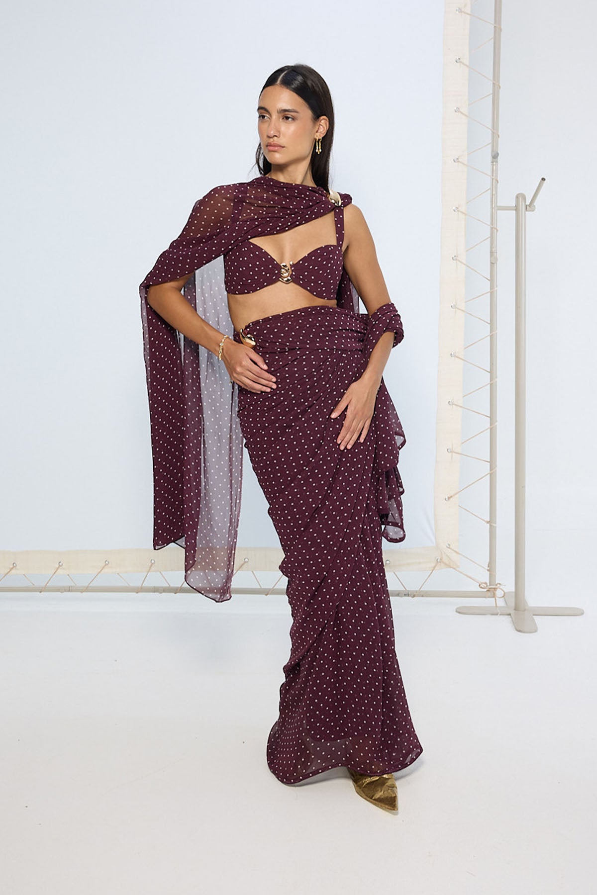 Ekaya Maroon Movable Brooch Dotted saree indian designer wear online shopping melange singapore 