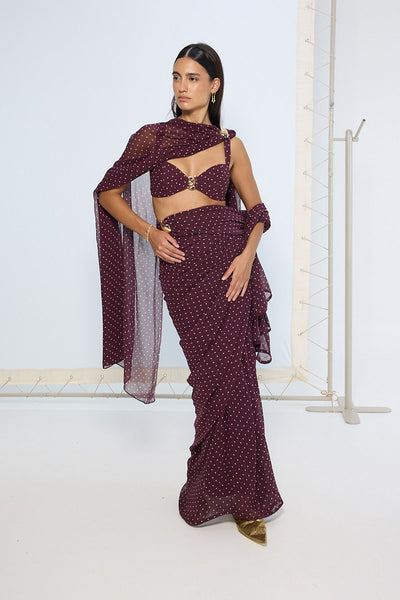Ekaya Maroon Movable Brooch Dotted saree indian designer wear online shopping melange singapore 