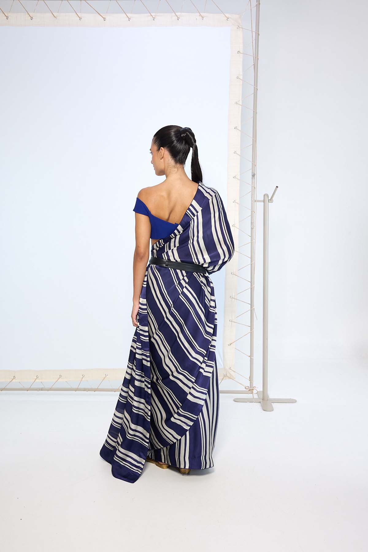 Ekaya Navy Striped Printed Saree indian designer wear online shopping melange singapore 
