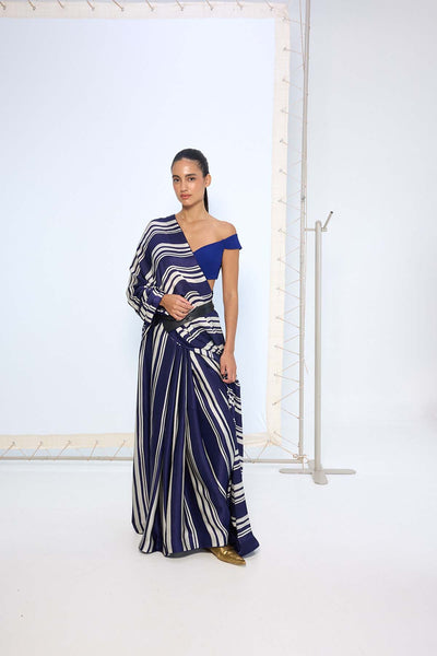 Ekaya Navy Striped Printed Saree indian designer wear online shopping melange singapore 
