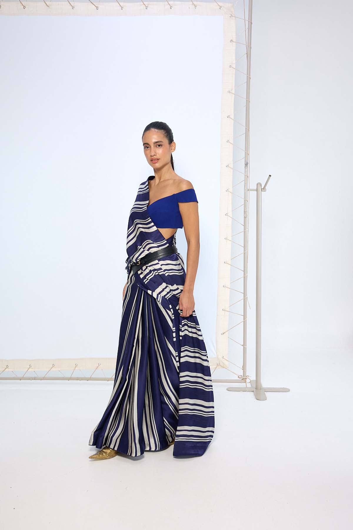 Ekaya Navy Striped Printed Saree indian designer wear online shopping melange singapore 
