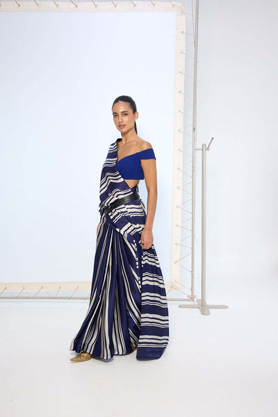 Ekaya Navy Striped Printed Saree indian designer wear online shopping melange singapore 
