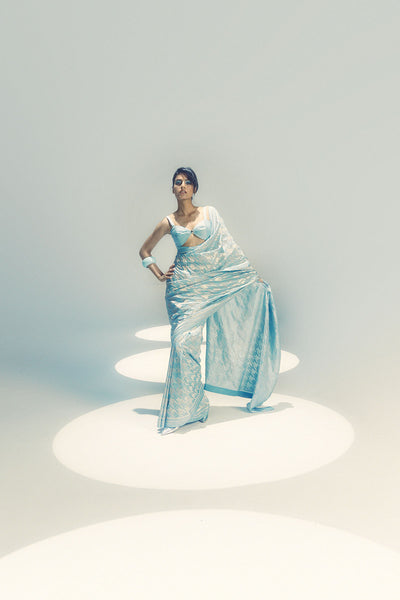 Ekaya Open Border Houndstooth Silver Zari indian designer wear online shopping melange singapore 
