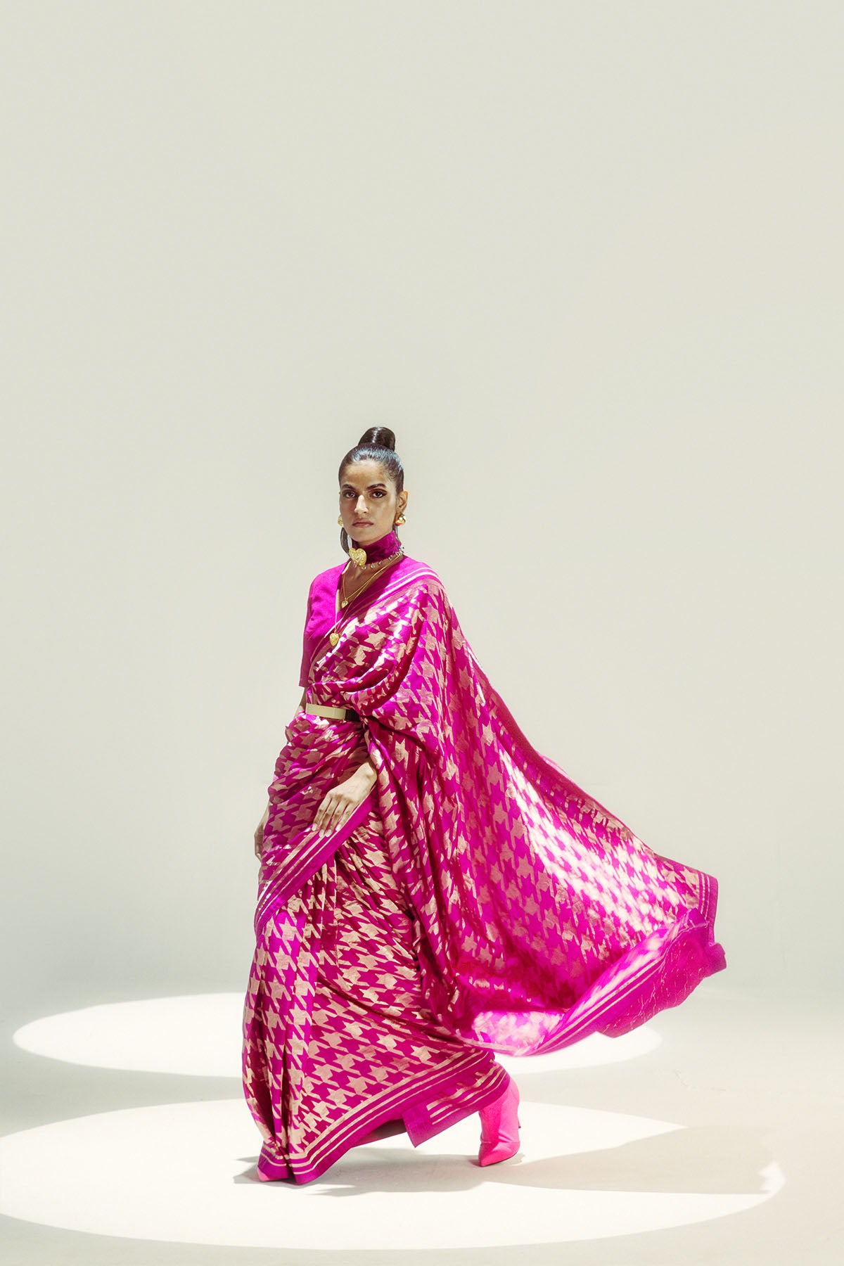 Ekaya Open Border Houndstooth Gold Zari indian designer wear online shopping melange singapore 