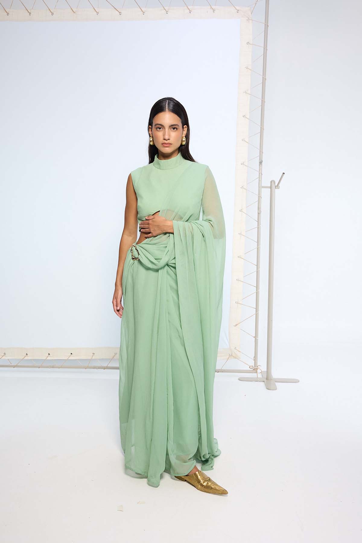 Ekaya Pale Green Brooch Saree indian designer wear online shopping melange singapore 