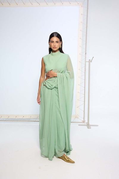Ekaya Pale Green Brooch Saree indian designer wear online shopping melange singapore 