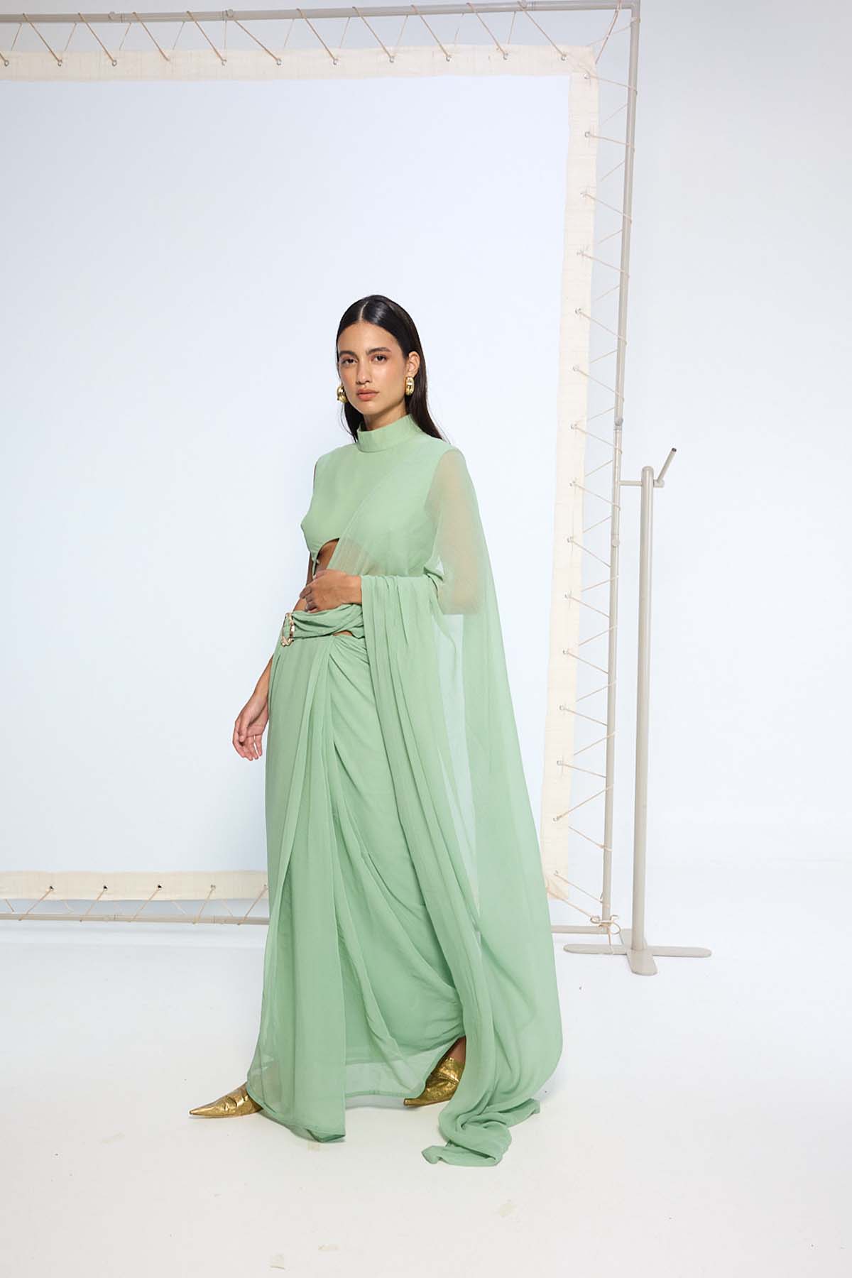 Ekaya Pale Green Brooch Saree indian designer wear online shopping melange singapore 