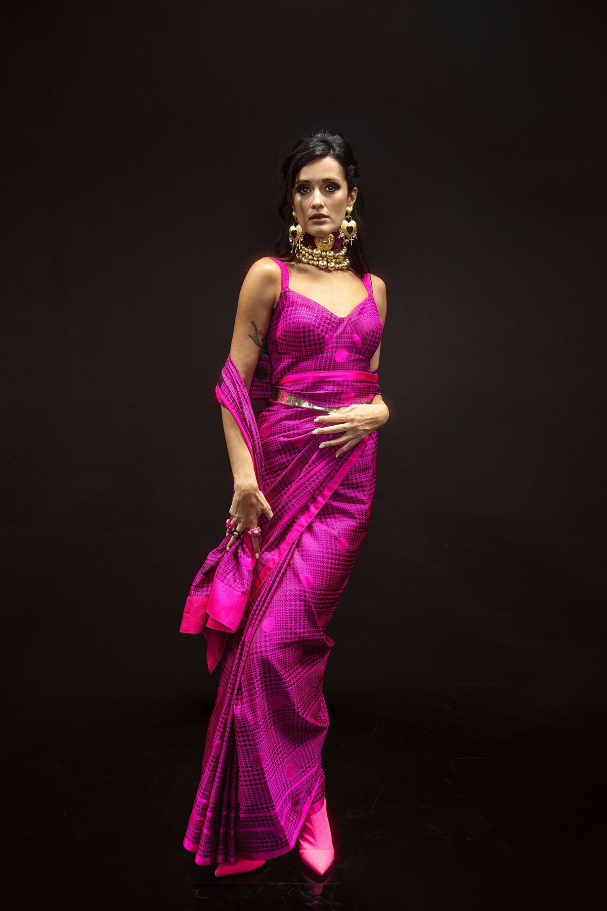 Ekaya Pink Polka Glen Plaid Saree indian designer wear online shopping melange singapore 