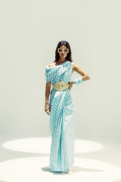 Ekaya Vanilla Stripe Open indian designer wear online shopping melange singapore 
