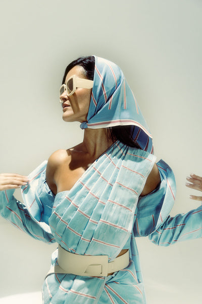 Ekaya Powder blue Pencil stripe saree indian designer wear online shopping melange singapore 