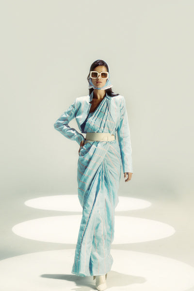 Ekaya Powder blue Pencil stripe saree indian designer wear online shopping melange singapore 