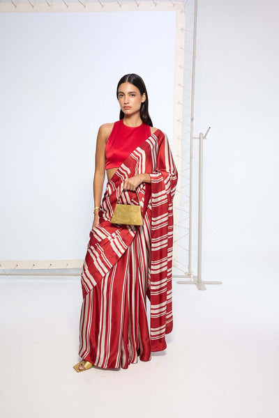 Ekaya Red Silk Striped Saree indian designer wear online shopping melange singapore 