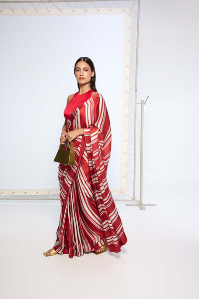 Ekaya Red Silk Striped Saree indian designer wear online shopping melange singapore 