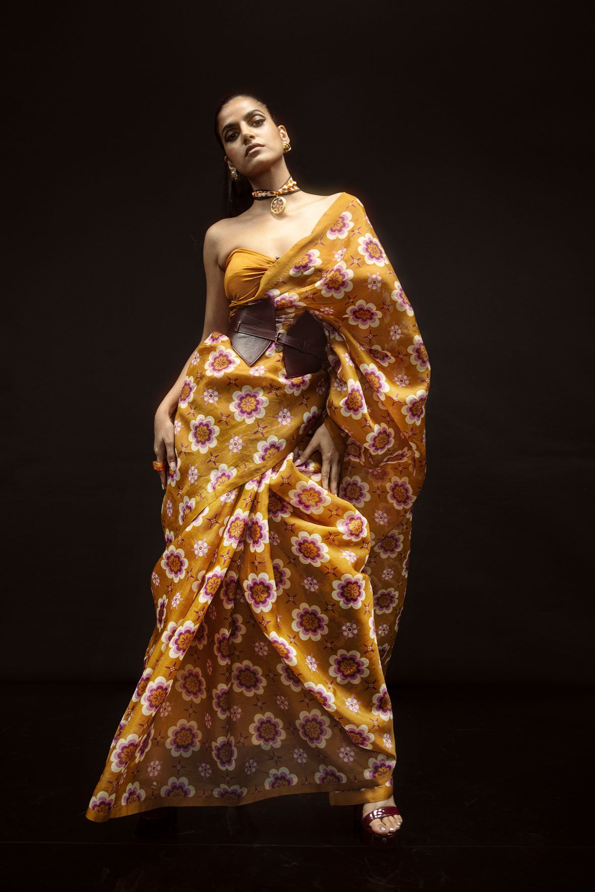 Ekaya Retro Florals Ochre indian designer wear online shopping melange singapore 
