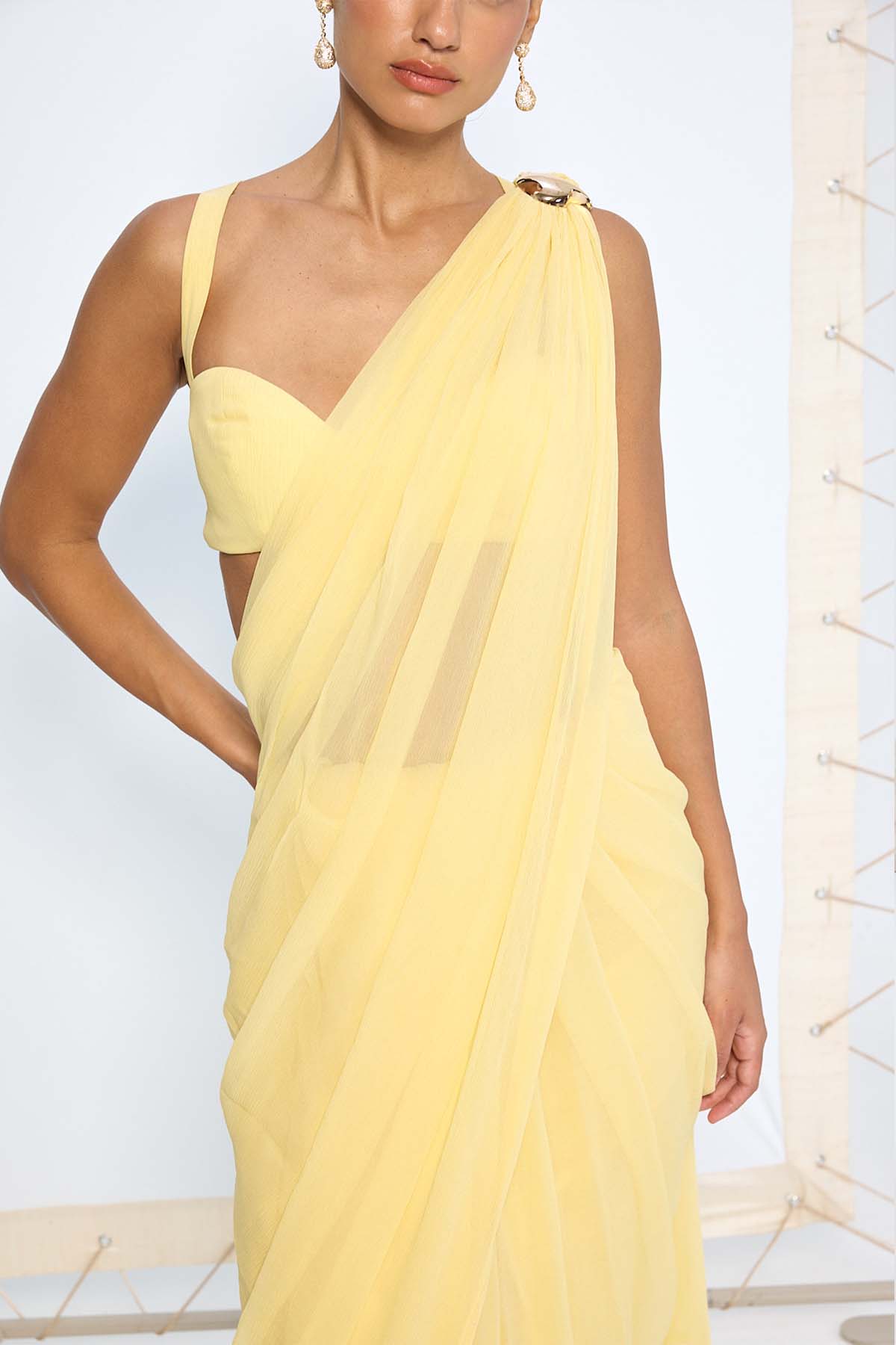 Ekaya Soft Yellow Movable Brooch Saree indian designer wear online shopping melange singapore 