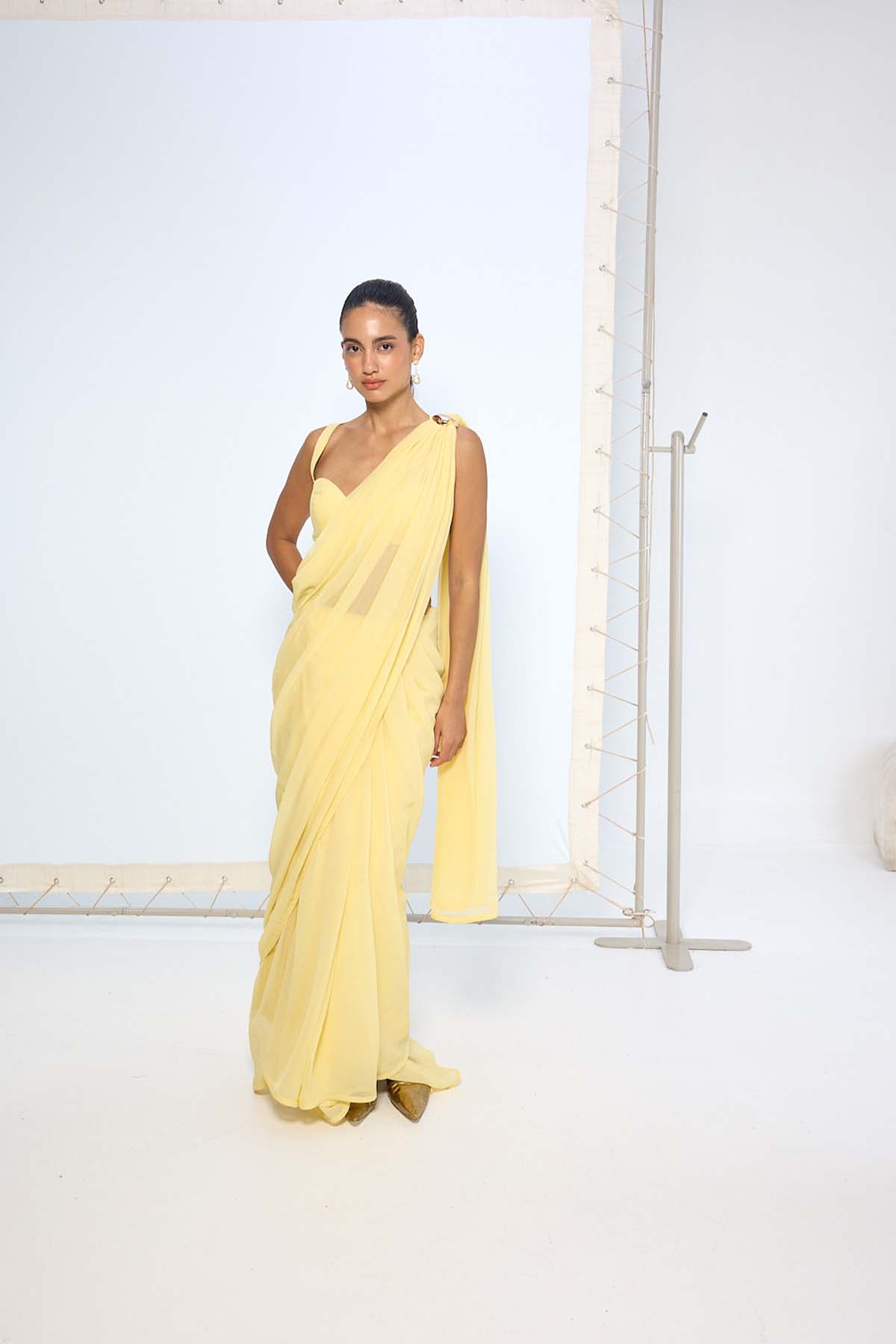 Ekaya Soft Yellow Movable Brooch Saree indian designer wear online shopping melange singapore 