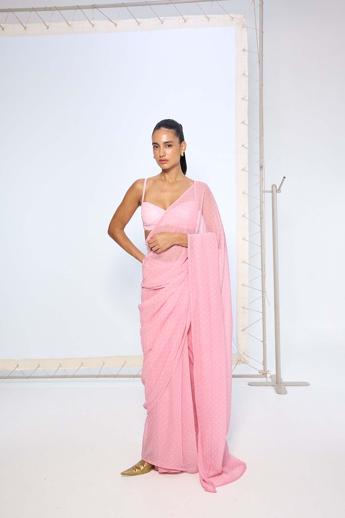Ekaya Strawberry Pink Polka Dotted Saree indian designer wear online shopping melange singapore 