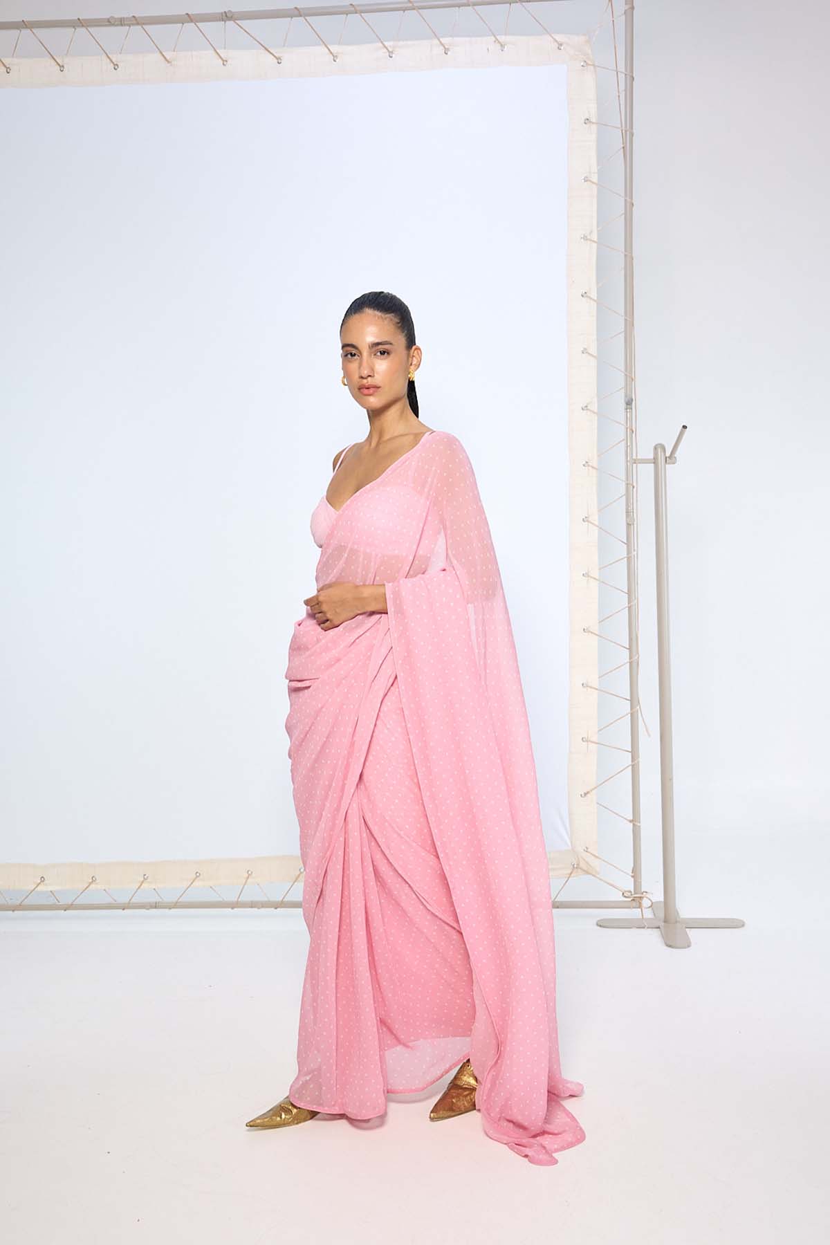 Ekaya Strawberry Pink Polka Dotted Saree indian designer wear online shopping melange singapore 