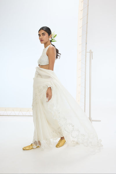 Ekaya The Luna Saree In Off White indian designer wear online shopping melange singapore 
