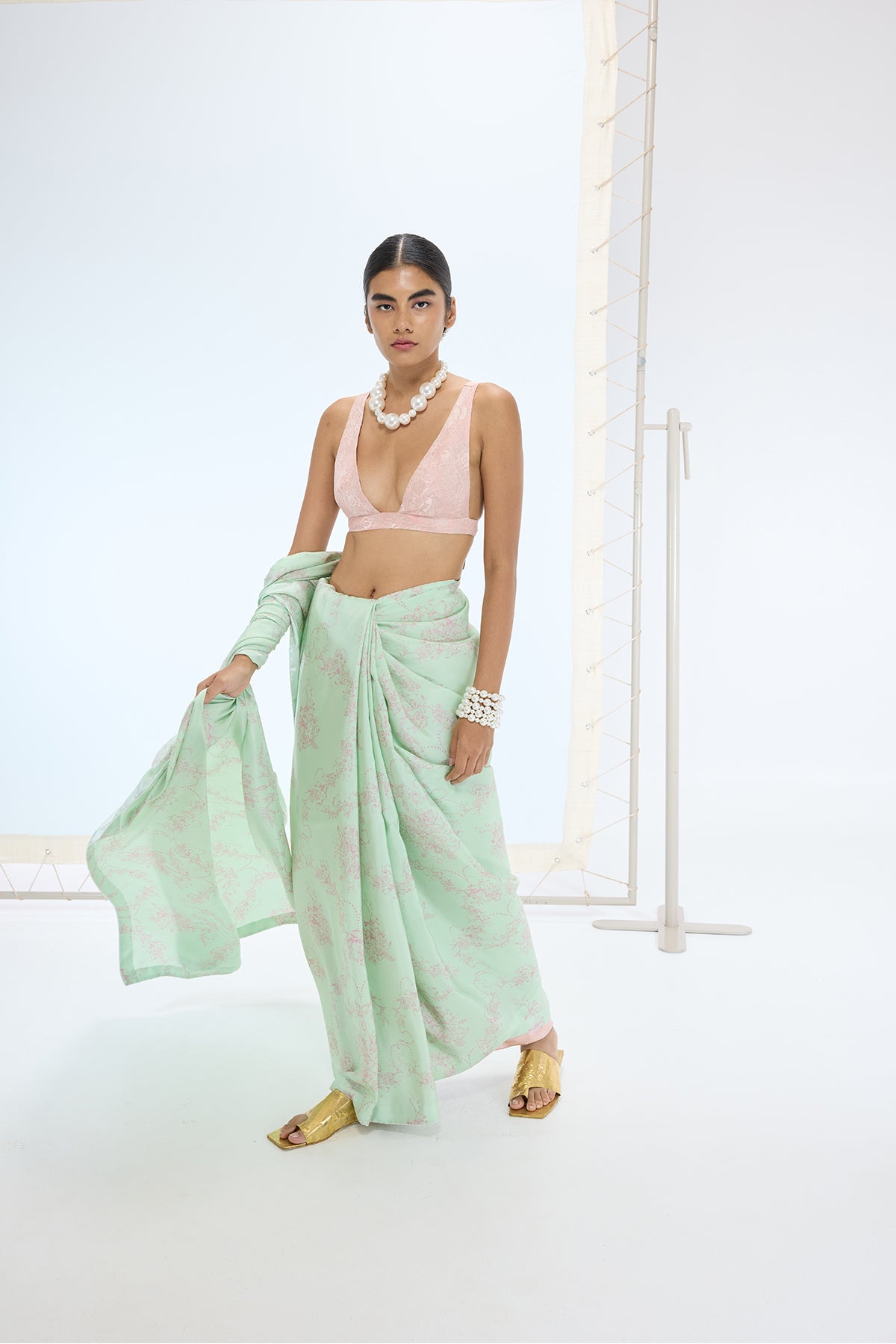 Ekaya The Ruby Saree in Pistachio indian designer wear online shopping melange singapore 
