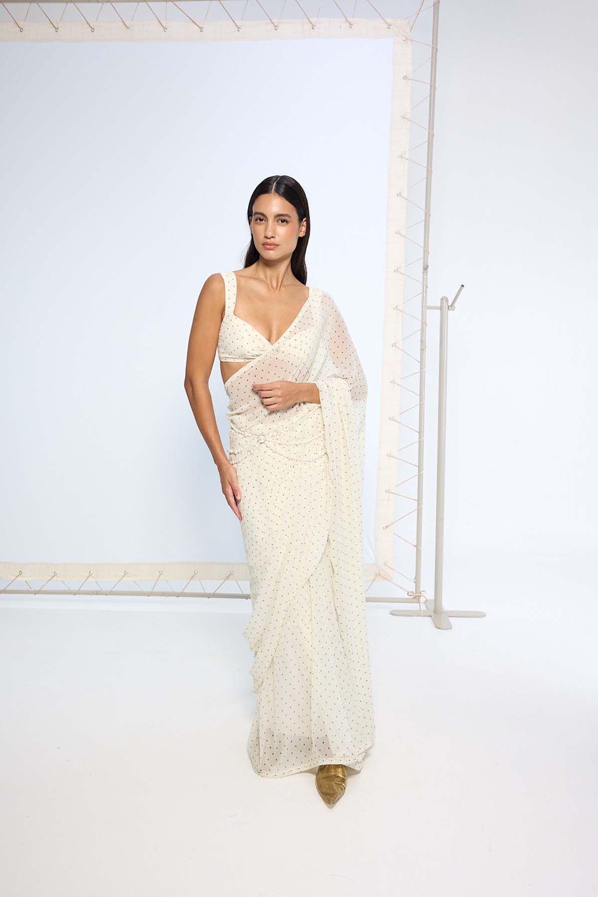 Ekaya White Polka Dotted Saree indian designer wear online shopping melange singapore 