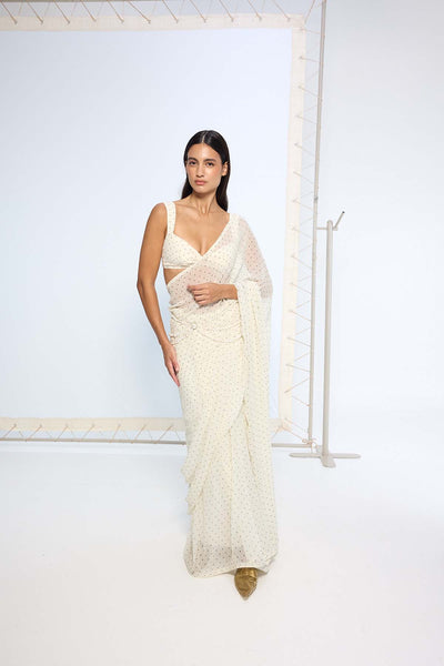 Ekaya White Polka Dotted Saree indian designer wear online shopping melange singapore 