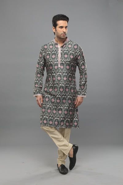 Empaar Greyish Green Pink Ikat Kurta indian designer wear online shopping melange singapore