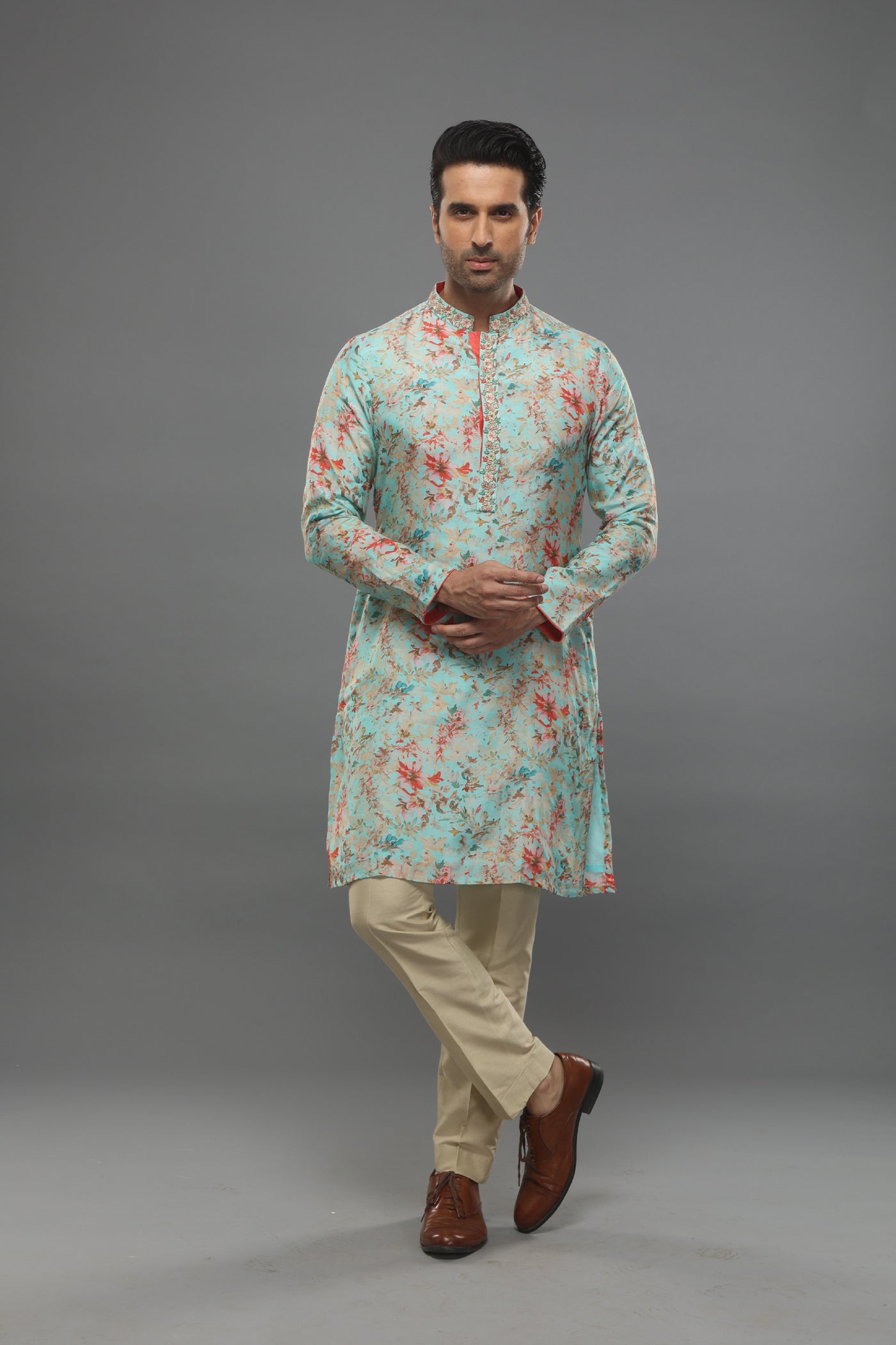 Empaar Light Blue Floral Printed Kurta indian designer wear online shopping melange singapore