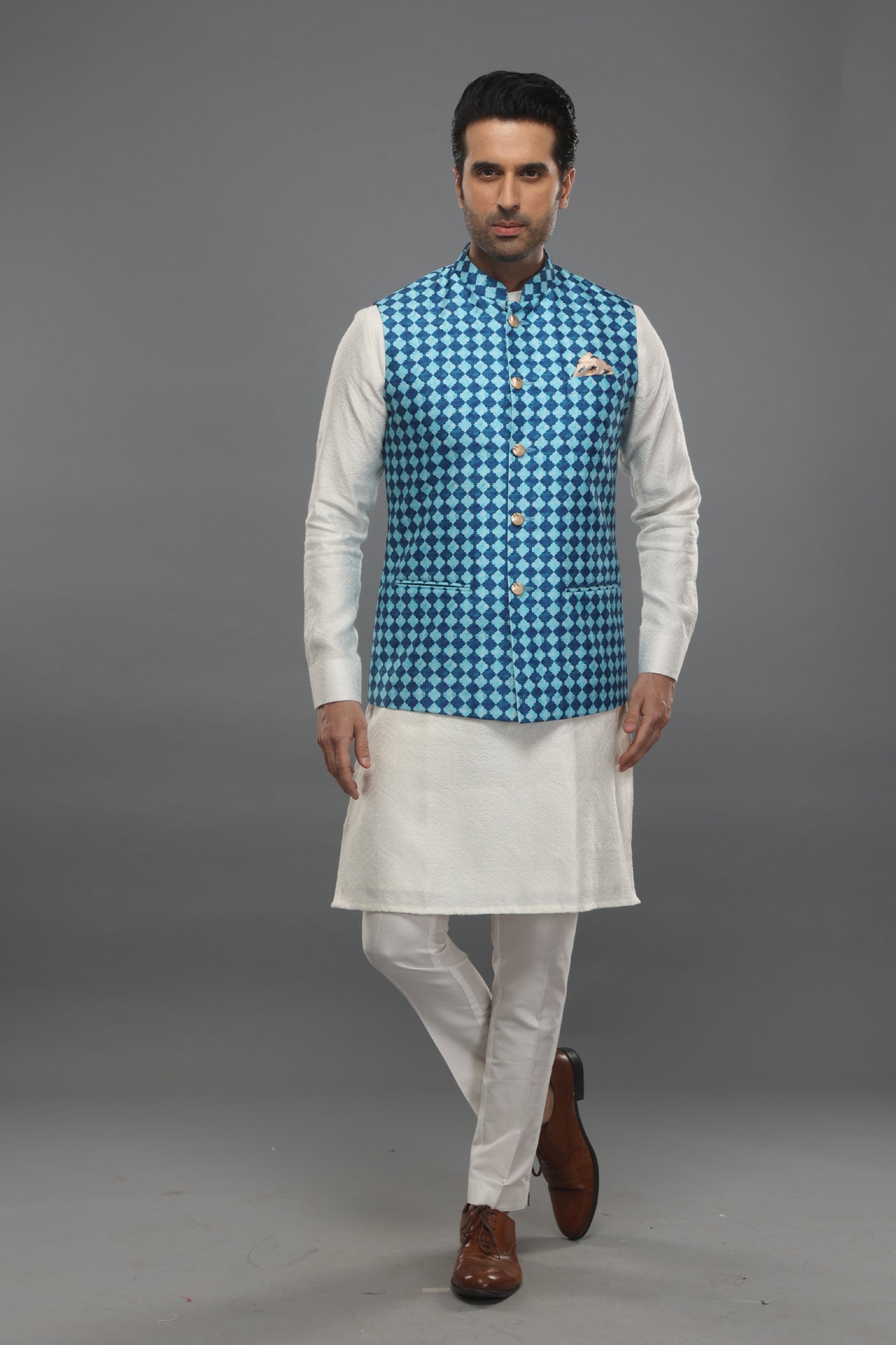 Empaar Off White Jacquard Kurta With Blue Geometric Print indian designer wear online shopping melange singapore