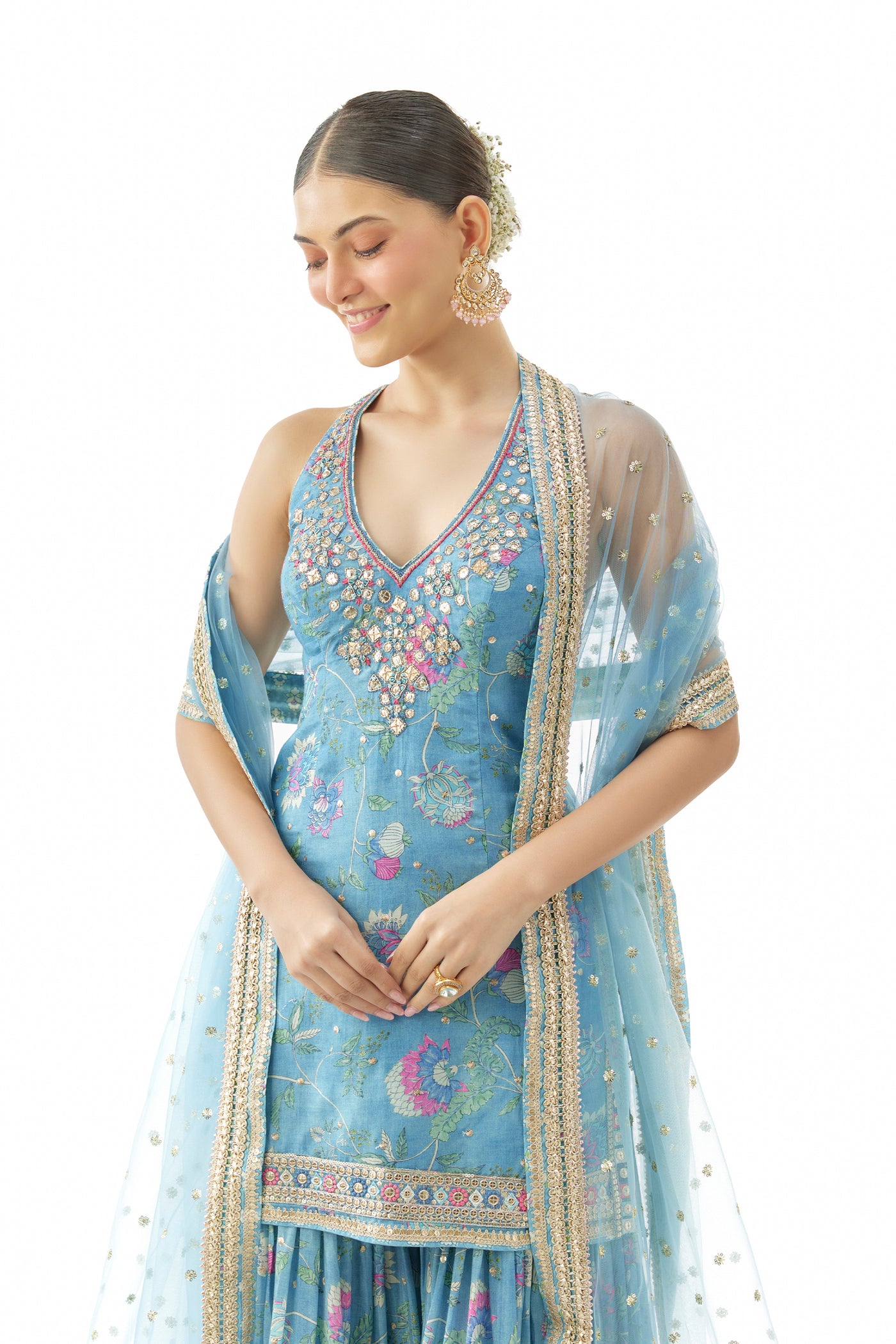 Gopi Vaid Dhvanika Halter Set Blue indian designer wear online shopping melange singapore