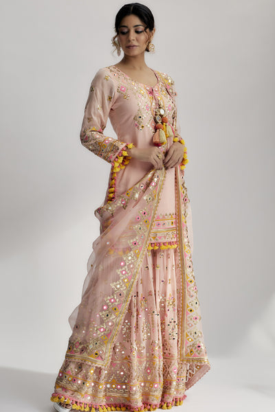 Gopi Vaid Friya Short Kurta Sharara Set Pink Indian designer wear online shopping melange singapore 