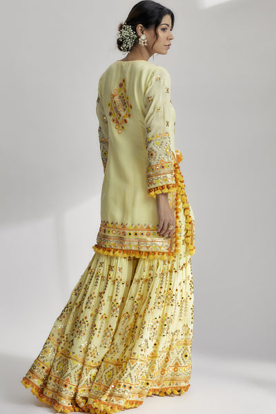 Gopi Vaid Friya Short Kurta Sharara Set Yellow Indian designer wear online shopping melange singapore 