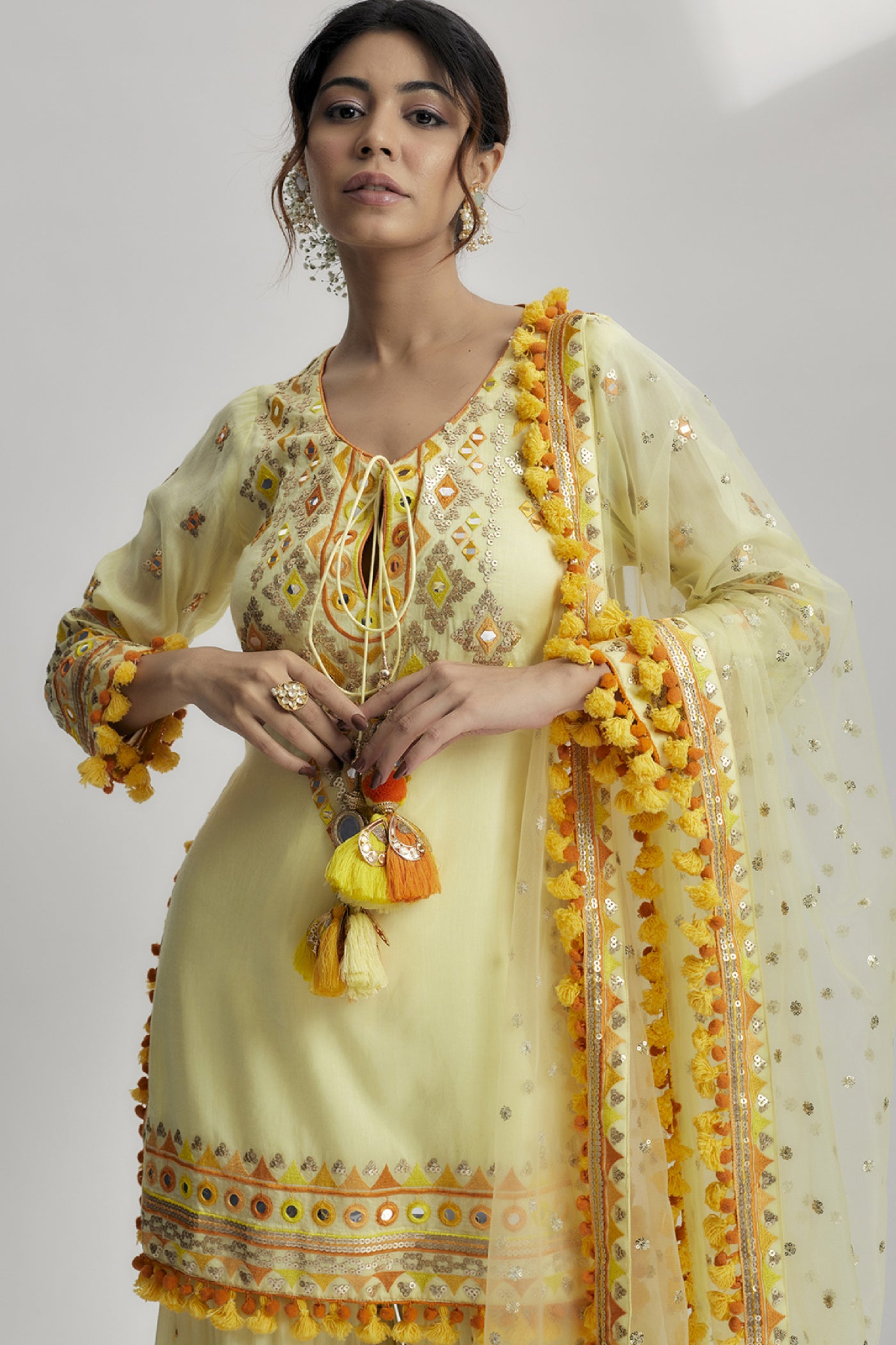Gopi Vaid Friya Short Kurta Sharara Set Yellow Indian designer wear online shopping melange singapore