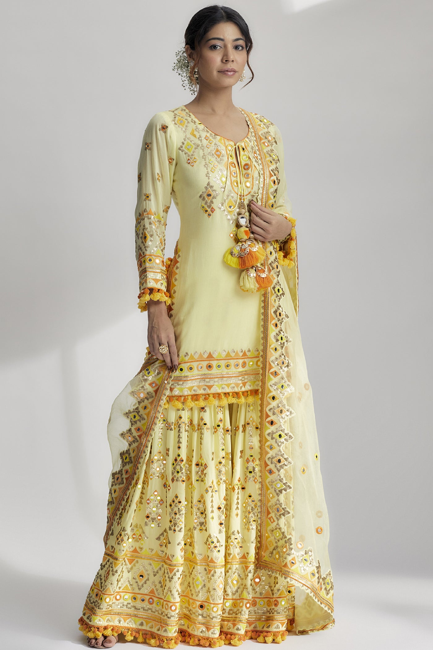 Gopi Vaid Friya Short Kurta Sharara Set Yellow Indian designer wear online shopping melange singapore 