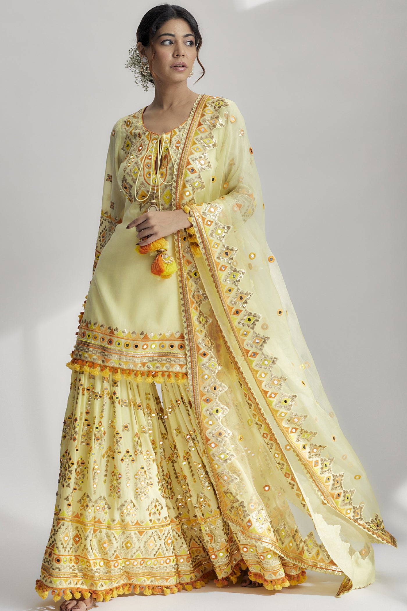 Gopi Vaid Friya Short Kurta Sharara Set Yellow Indian designer wear online shopping melange singapore