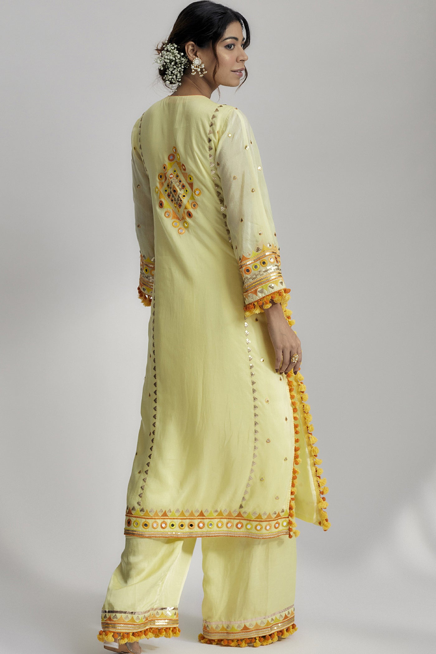 Gopi Vaid Nishika Long Kurta With Palazzo Yellow indian designer wear online shopping melange singapore 