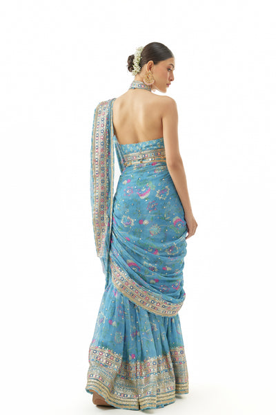 Gopi Vaid Pakhi Sharara Saree Set Blue Indian designer wear online shopping melange singapore