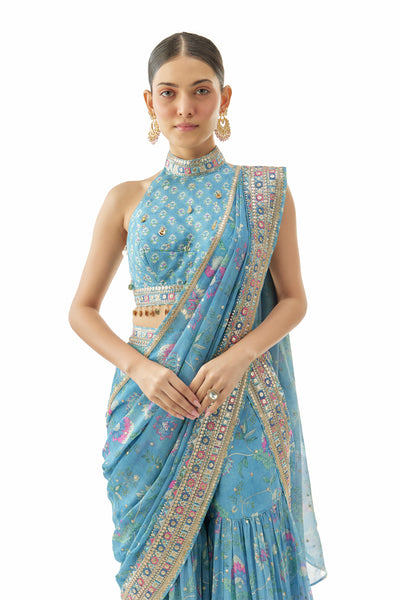 Gopi Vaid Pakhi Sharara Saree Set Blue Indian designer wear online shopping melange singapore