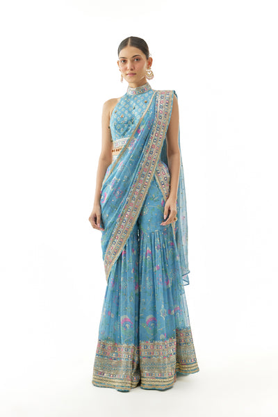Gopi Vaid Pakhi Sharara Saree Set Blue Indian designer wear online shopping melange singapore