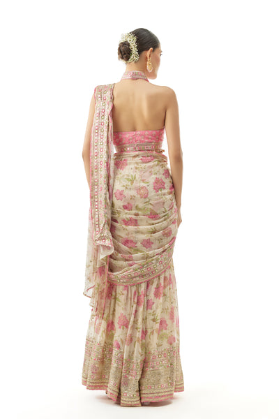 Gopi Vaid Pakhi Sharara Saree Set Ivory Indian designer wear online shopping melange singapore