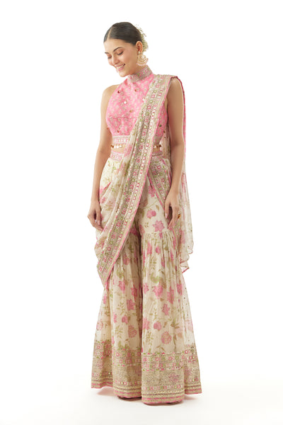 Gopi Vaid Pakhi Sharara Saree Set Ivory Indian designer wear online shopping melange singapore