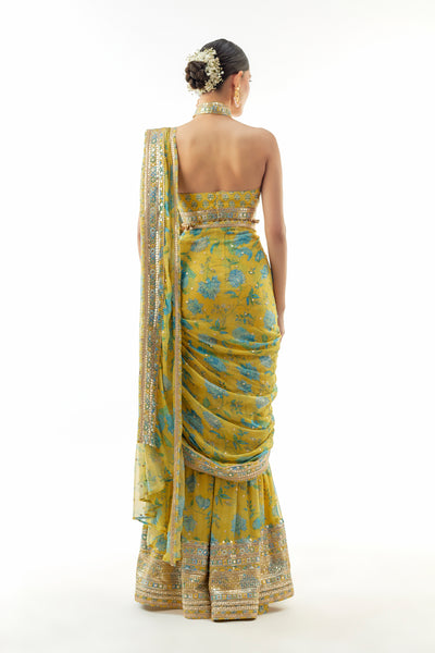 Gopi Vaid Pakhi Sharara Saree Set Yellow Indian designer wear online shopping melange singapore