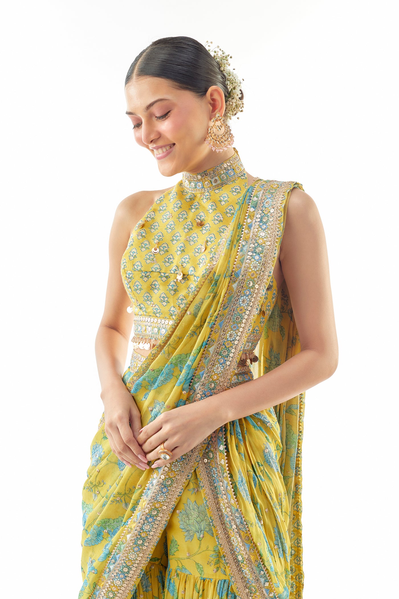 Gopi Vaid Pakhi Sharara Saree Set Yellow Indian designer wear online shopping melange singapore