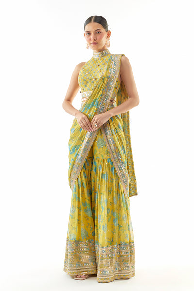 Gopi Vaid Pakhi Sharara Saree Set Yellow Indian designer wear online shopping melange singapore
