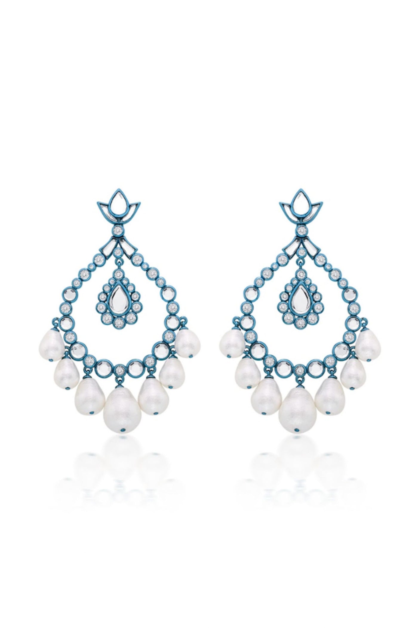 Aqua Blue Elongated Crystal Pearl Earrings In Colored Plating
