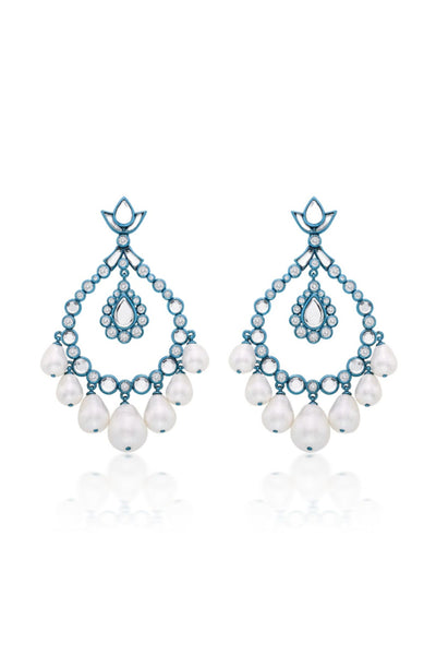 Aqua Blue Elongated Crystal Pearl Earrings In Colored Plating