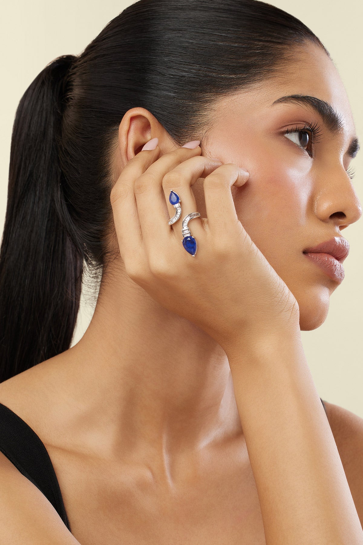 Isharya Celestial Sapphire Statement Ring In Rhodium Plating indian designer wear online shopping melange singapore 
