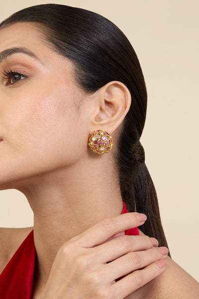 Isharya Crystal Ball Red Party Studs In 18Kt Gold Plated indian designer wear online shopping melange singapore