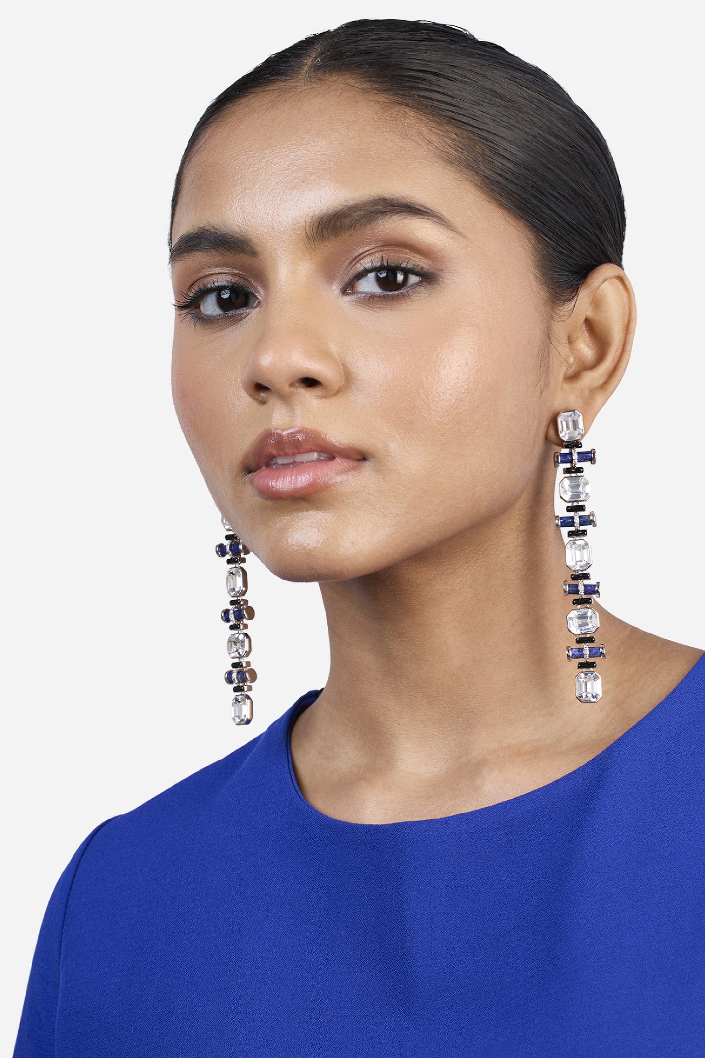 Isharya Digital Blue Crystal Earrings In Rhodium indian designer wear online shopping melange singapore